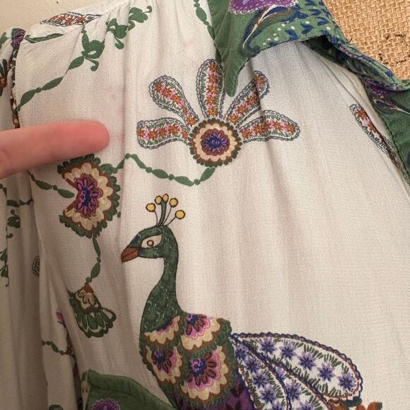 Loft Peacock Print Button Down Blouse Balloon Sleeve White Green Size‎ Large - Picture 2 of 7